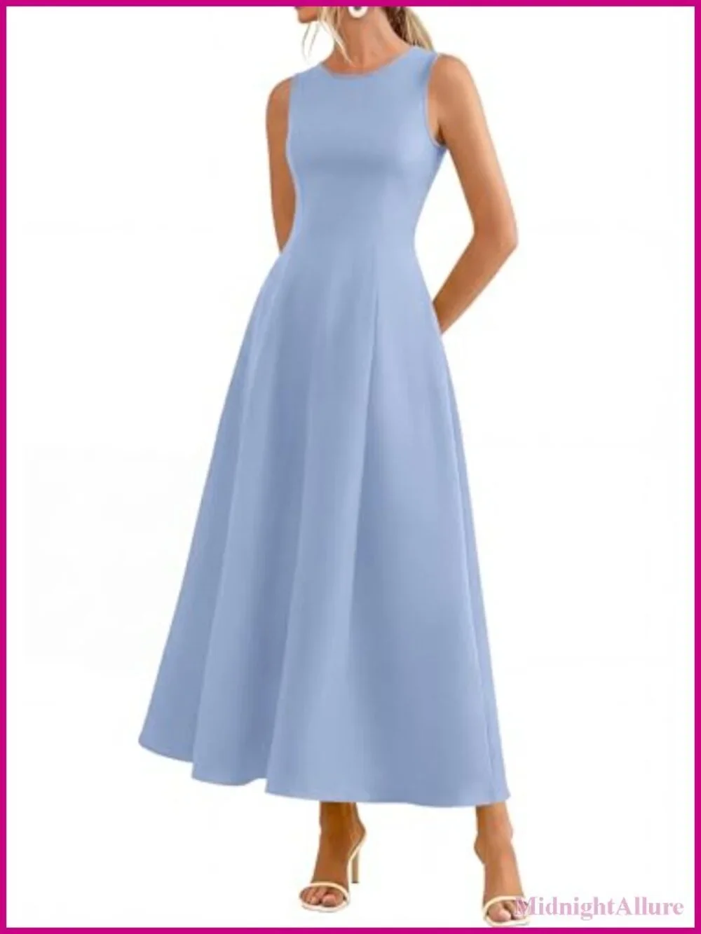 Elegant Sleeveless Maxi Dress with Pockets, Stretch Knit, A-Line, Crew Neck